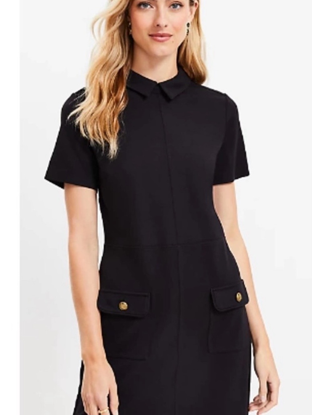 LOFT Black Short-Sleeve Shirt Dress with Pocket Flap Details